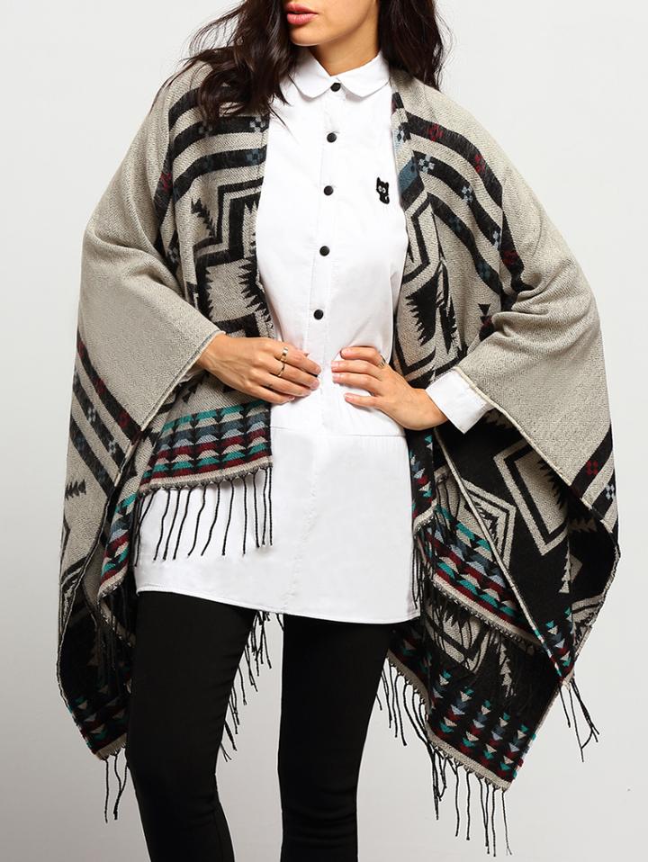 Shein Grey Tribal Print Tassel Loose Cape