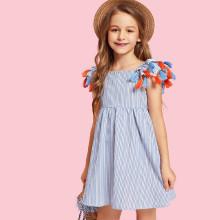 Shein Girls Tassel Trim Layered Ruffle Striped Dress