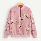 Shein Crane Print Quarter Zip Sweatshirt