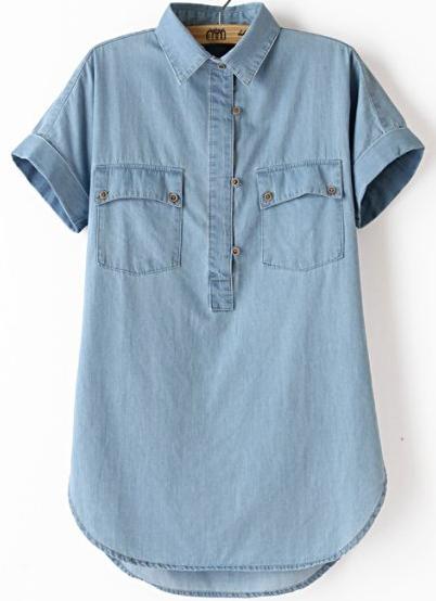 Shein Blue Lapel Short Sleeve Pockets Boyfriend Trends Jean Swish Denim Blouse