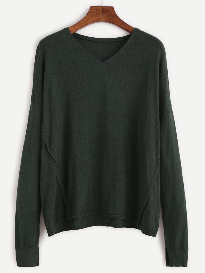 Shein Dark Green V Neck High Low Knit T-shirt