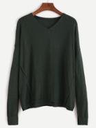 Shein Dark Green V Neck High Low Knit T-shirt