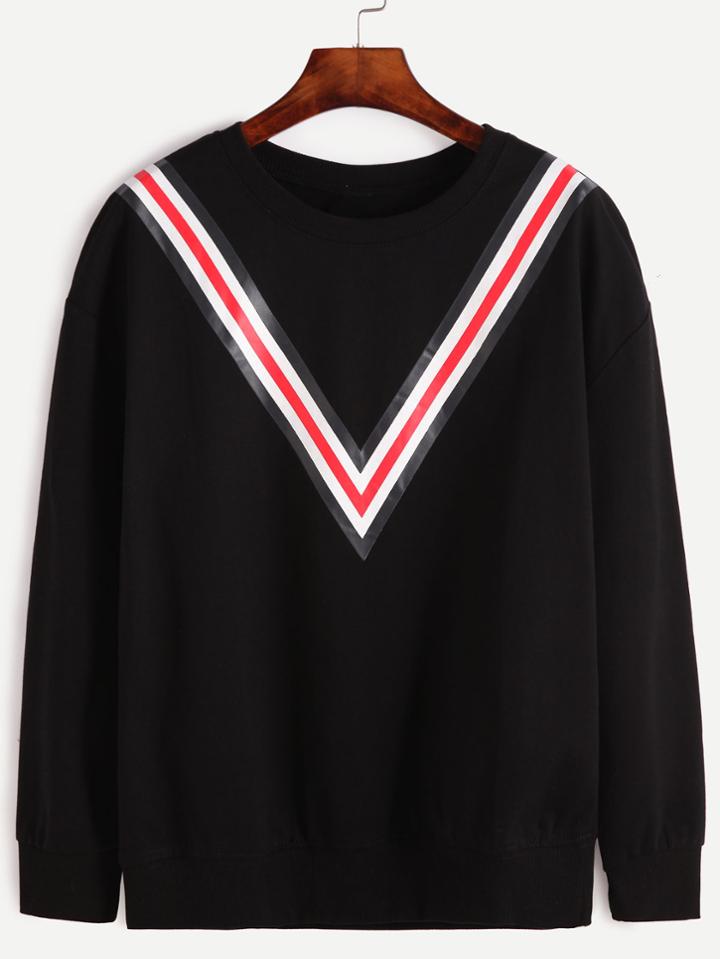 Shein Black Striped Trim Drop Shoulder Seam Sweatshirt