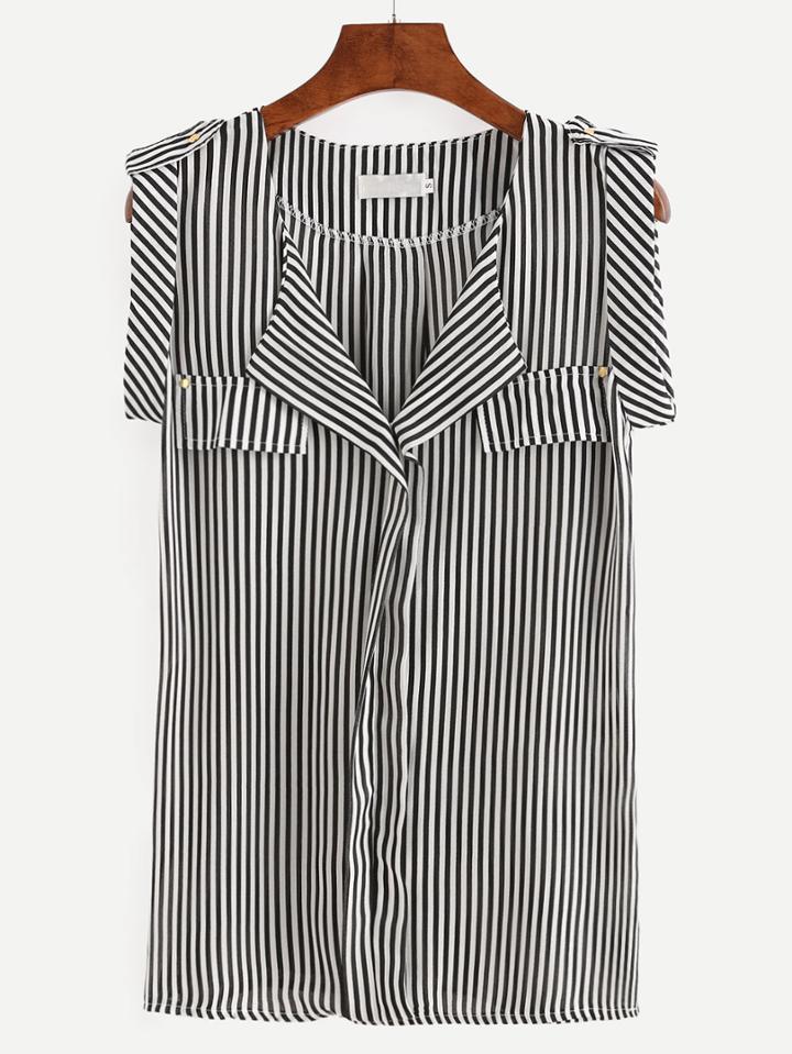 Shein Black White Vertical Striped Sleeveless Blouse