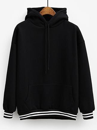 Shein Black Hooded Long Sleeve Striped Loose Sweatshirt