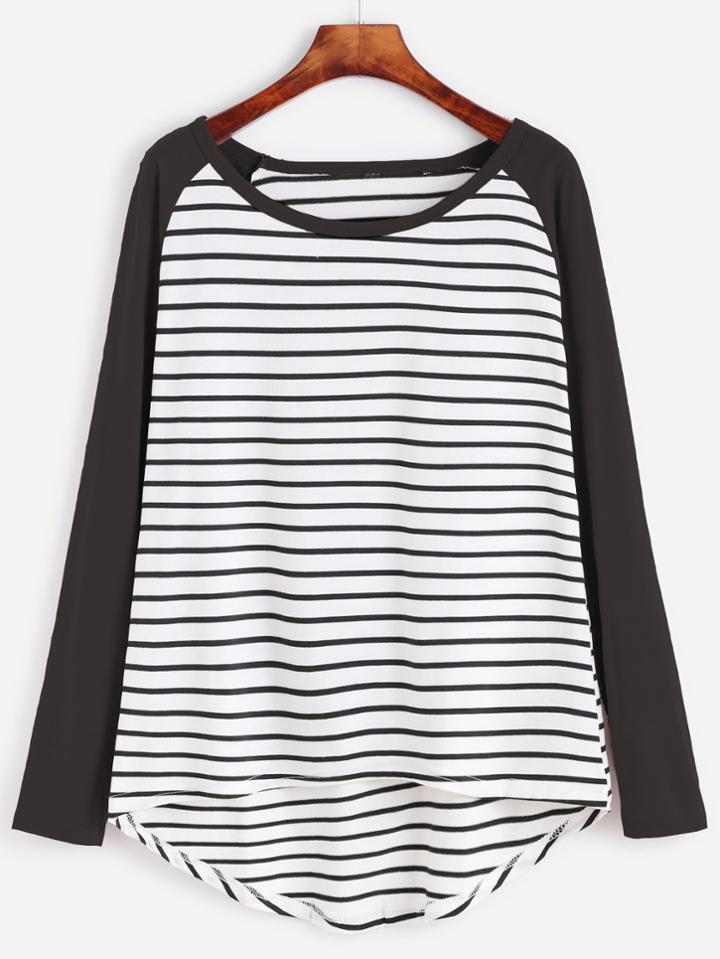 Shein Contrast Raglan Sleeve High Low Striped T-shirt