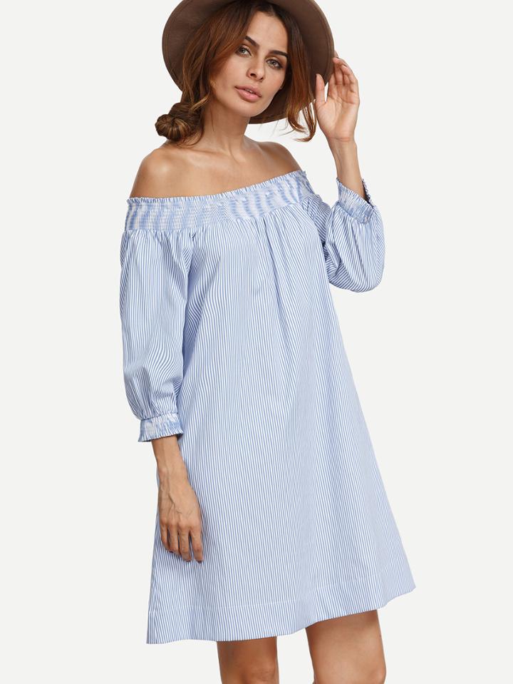 Shein Blue Striped Pocket Elasticated Off The Shoulder Dress