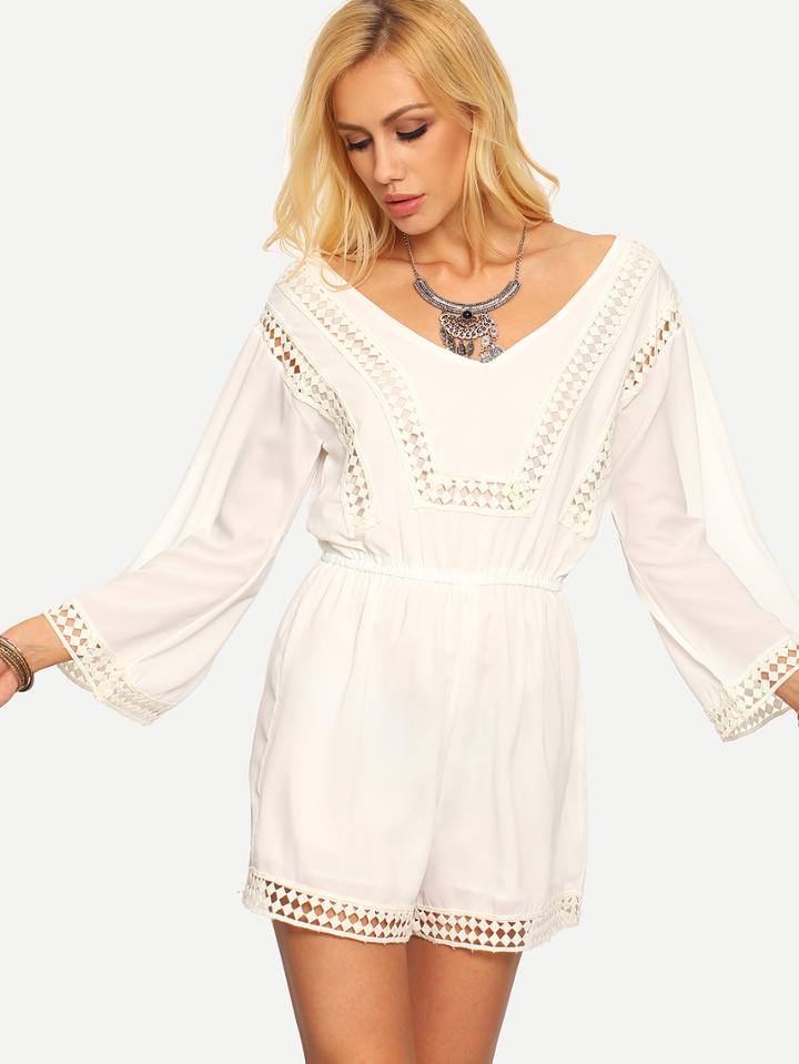 Shein Double V-neck Lace Insert Romper - White