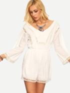 Shein Double V-neck Lace Insert Romper - White