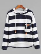 Shein Contrast Striped Hooded Drop Shoulder Dip Hem Sweatshirt
