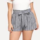 Shein Plus Vertical-stripe Belted Frill Shorts