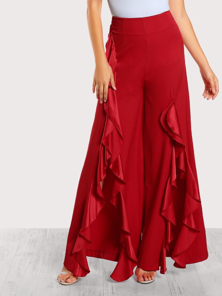 Shein Flounce Trim Split Front Palazzo Pants