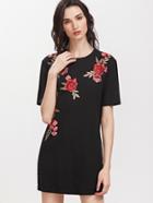 Shein Black Embroidered Flower Applique Short Sleeve Tee Dress