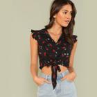 Shein Cherry Print Ruffle Trim Knot Front Shirt