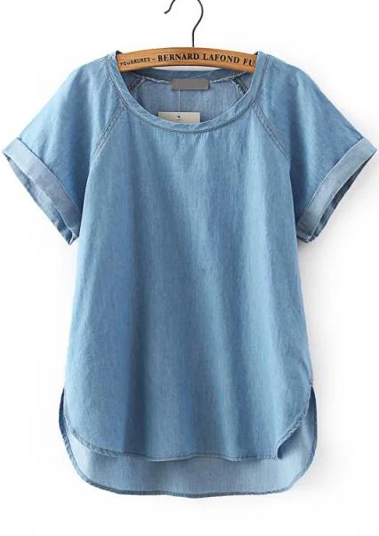 Shein Blue Short Sleeve Dip Hem Denim Blouse