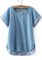 Shein Blue Short Sleeve Dip Hem Denim Blouse
