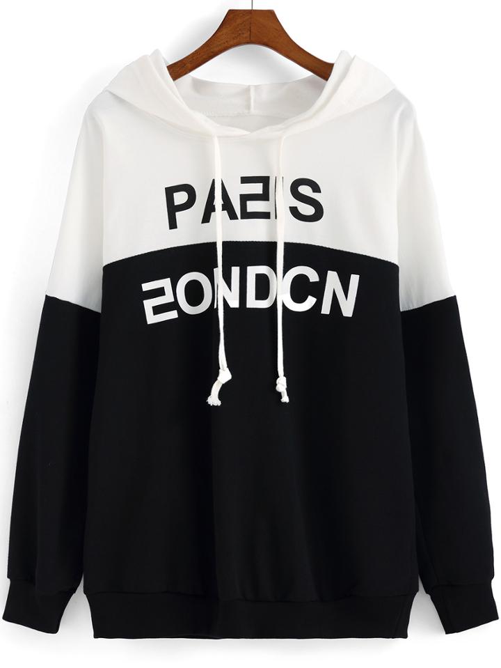 Shein Colour-block Hooded Letters Print Loose Sweatshirt