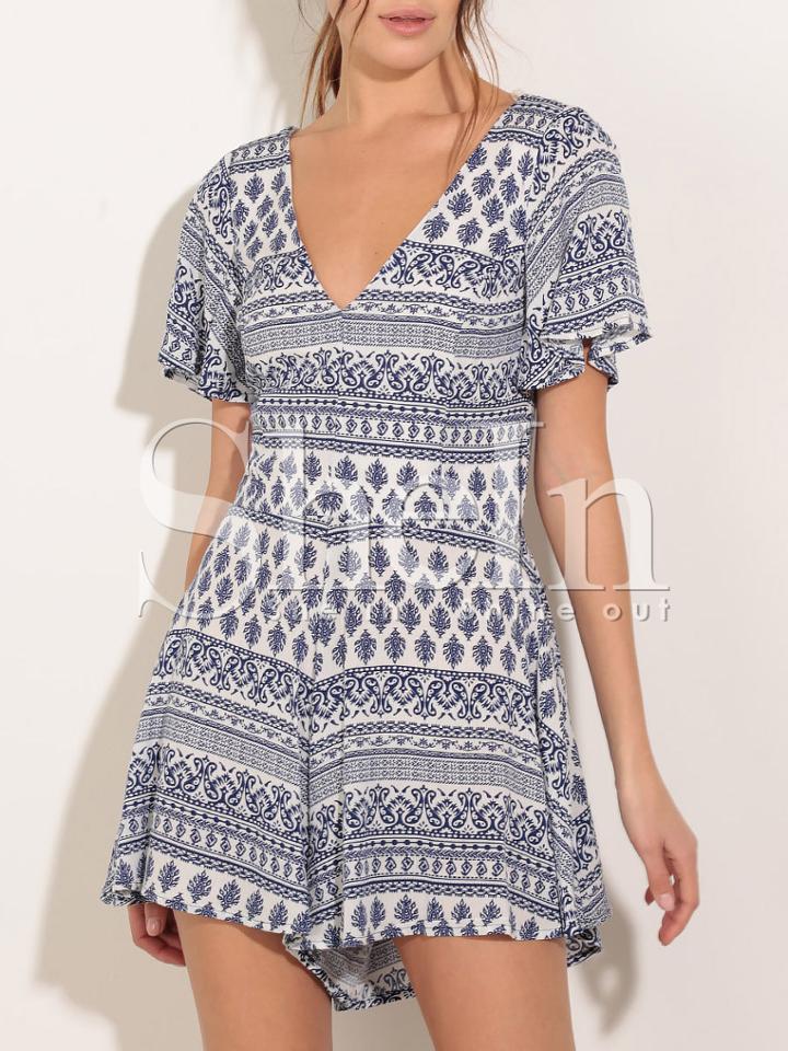 Shein Floral Print V Neck Lace Up Back Romper