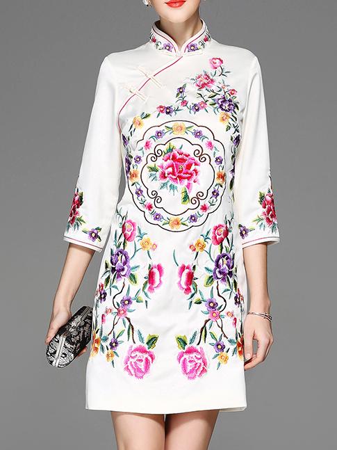 Shein White Flowers Embroidered Sheath Dress