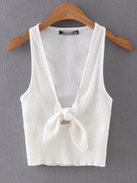 Shein White Low Neck Bow Knit Tank Top