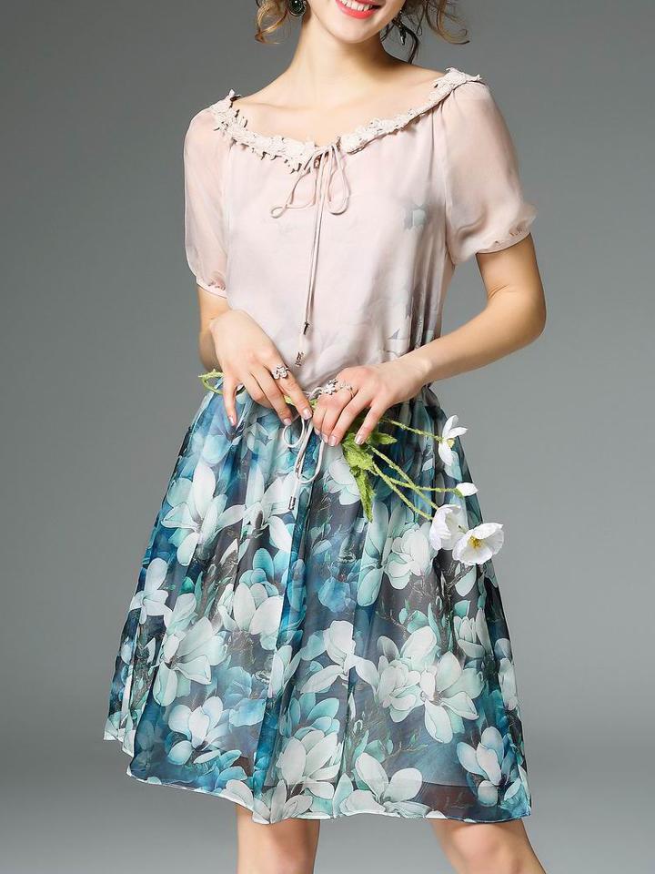 Shein Multicolor Tie Neck Drawstring Print Dress