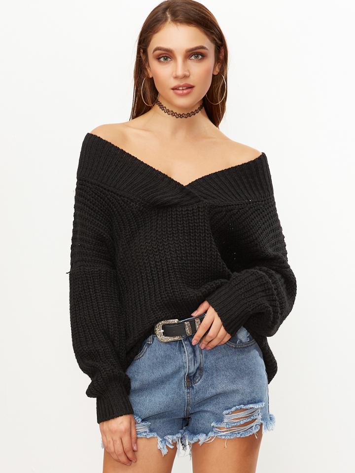 Shein Black V Neck Drop Shoulder Chunky Knit Sweater