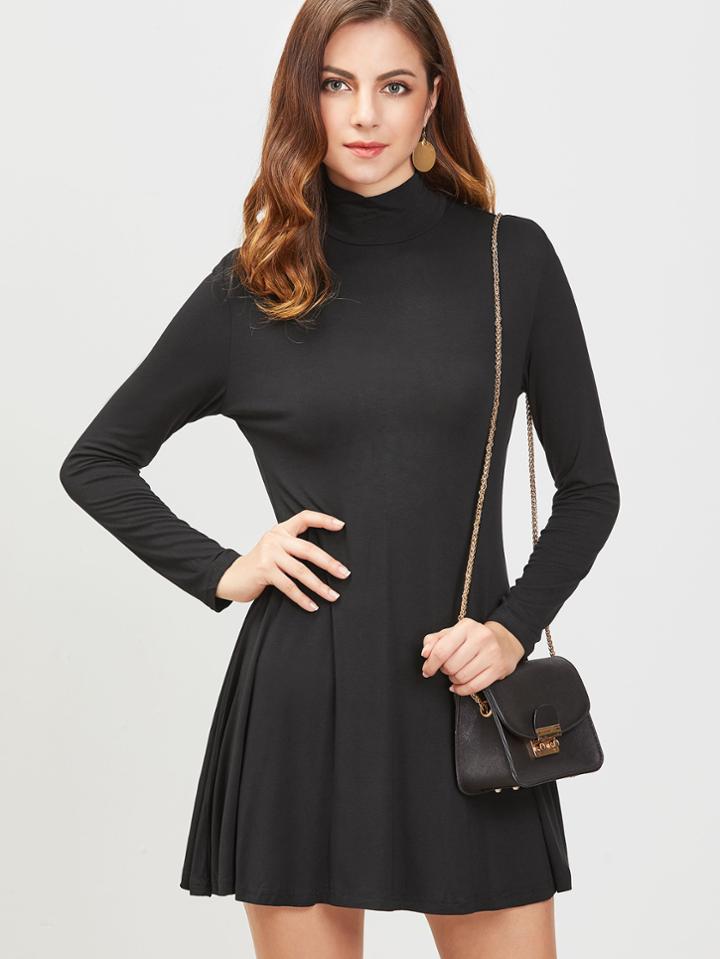 Shein Black High Neck Long Sleeve A Line Dress