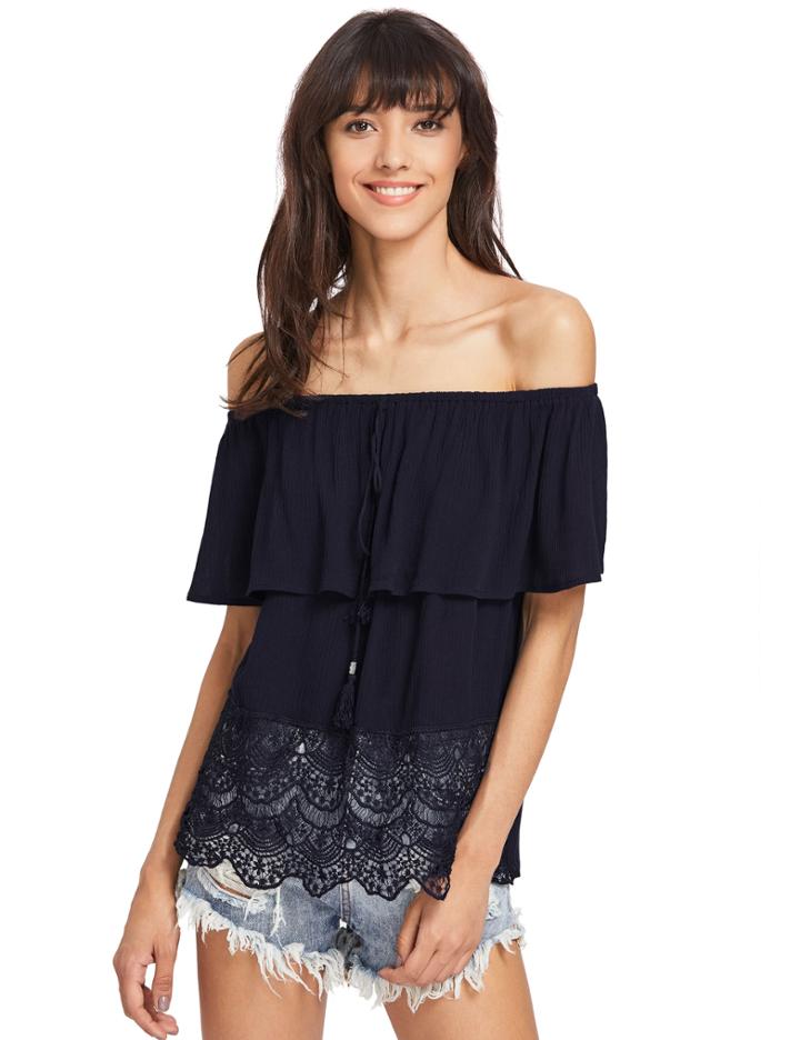 Shein Blue Off The Shoulder Tassel Blouse