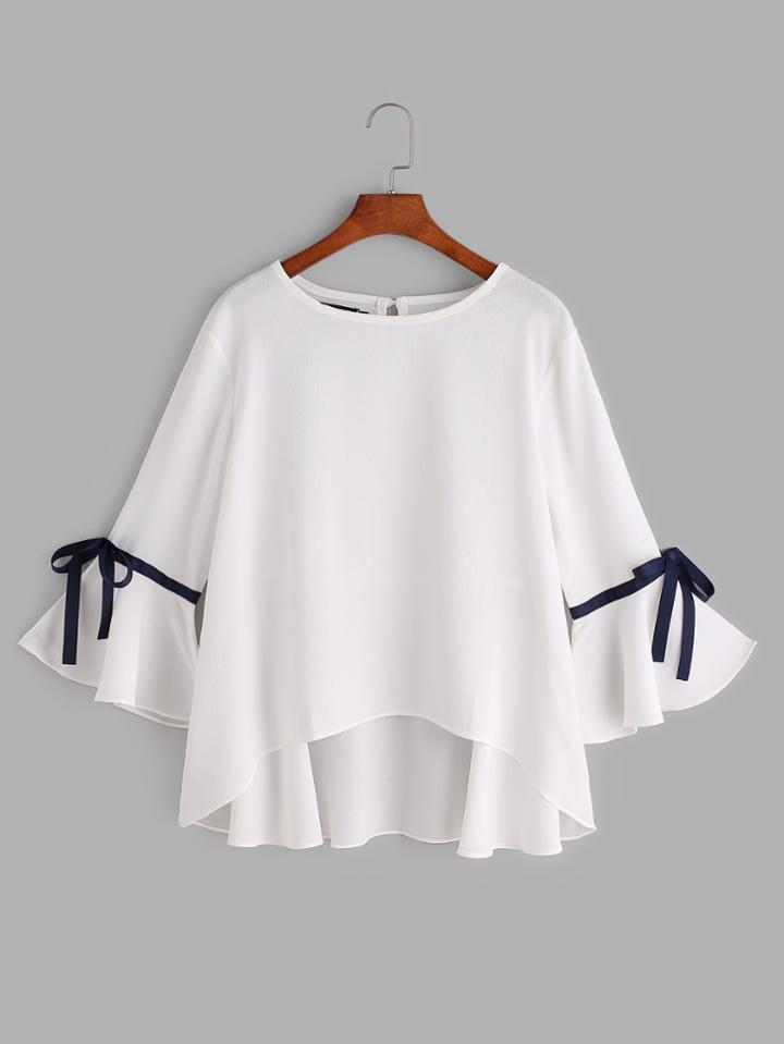 Shein White Bell Sleeve Bow Tie Dip Hem Blouse