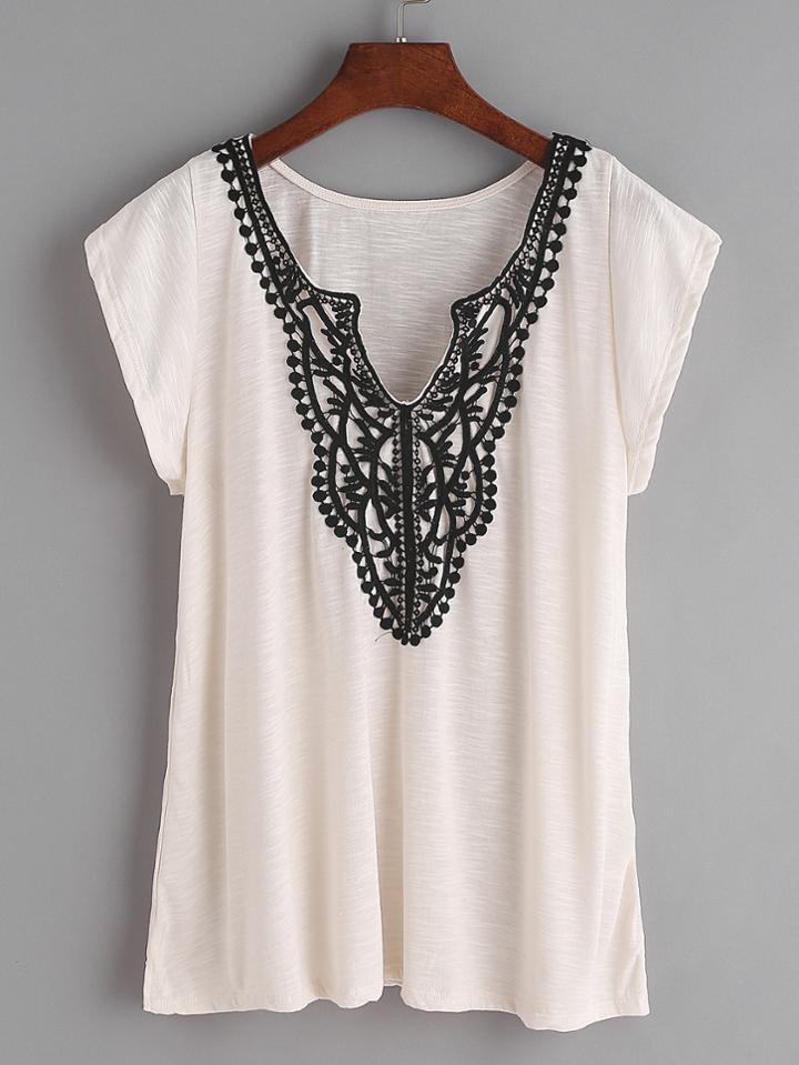Shein Contrast Crochet Pom Pom Trim T-shirt