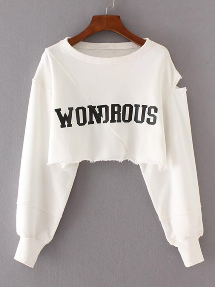 Shein Frayed Edge Ripped Detail Crop Sweatshirt