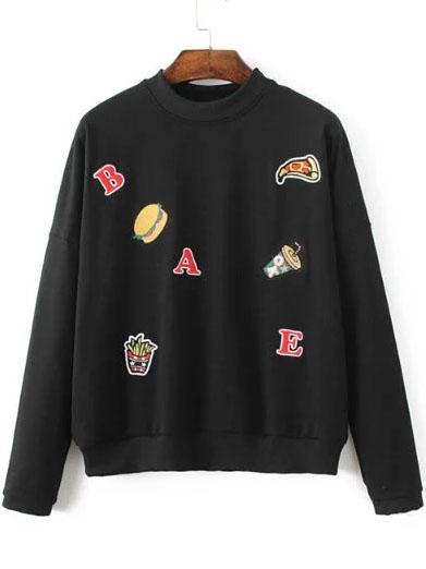 Shein Black Hamburger Embroided Drop Shoulder Sweatshirt