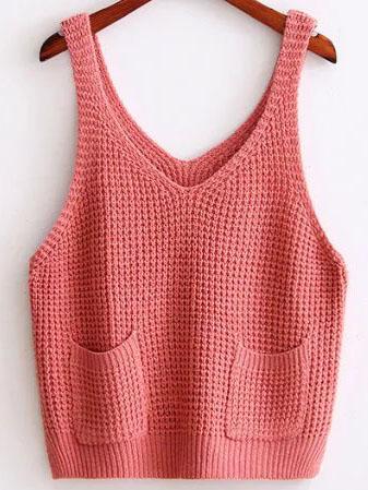 Shein Pink Strap Knit Cami Top With Pocket