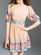 Shein Apricot Embroidered Pleated A-line Dress