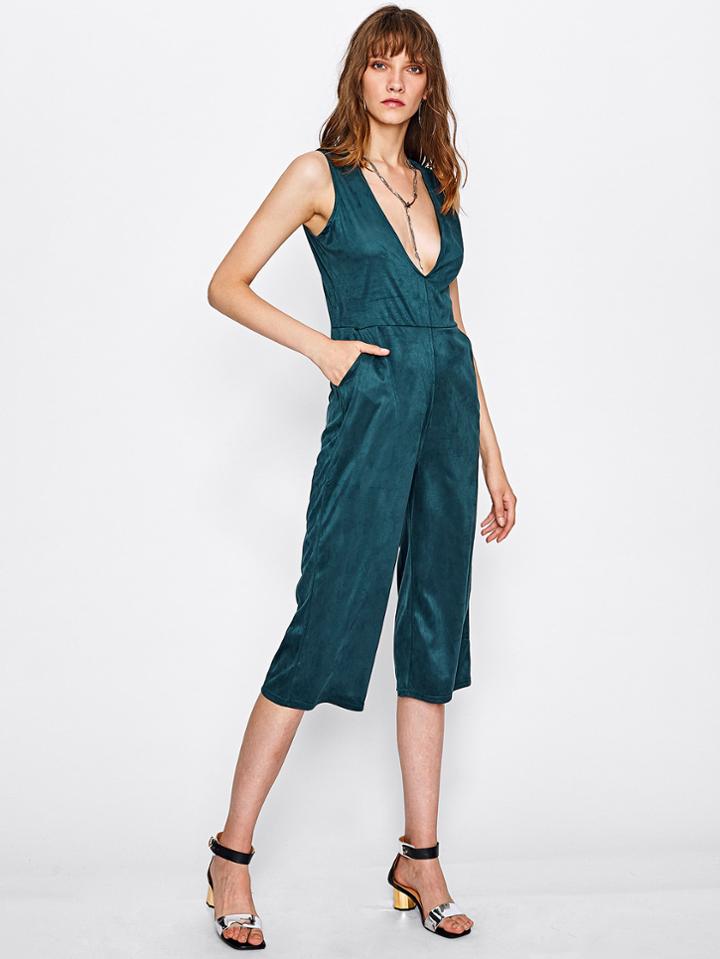 Shein Peacock Green Suede Plunge V-neckline Capri Jumpsuit