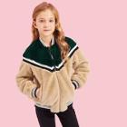 Shein Girls Striped Trim Zip Up Fleece Jacket