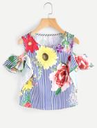 Shein Random Florals Open Shoulder Frill Sleeve Striped Top