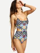 Shein Tribal Print Crisscross Lace-up One-piece Swimsuit