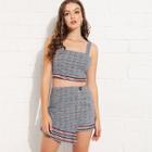 Shein Plaid Striped Hem Crop Top And Overlap Front Skirt Set