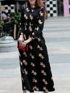 Shein Black Lapel Long Sleeve Pockets Print Dress
