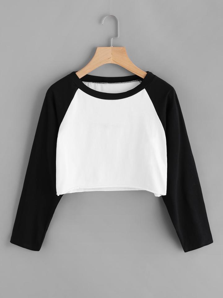 Shein Contrast Raglan Sleeve Raw Hem Cartoon Tee