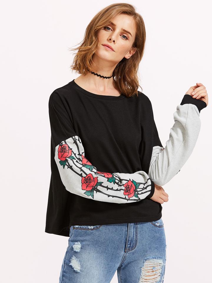 Shein Contrast Flower Print Sleeve Sweatshirt