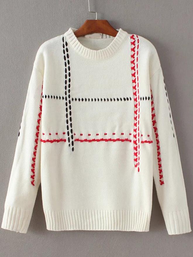 Shein White Rope Detail Ribbed Trim Sweater