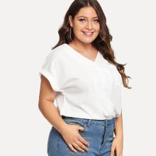 Shein Plus V Neckline Chest Pocket Cuffed Blouse