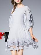 Shein Grey Puff Sleeve Hollow Embroidered A-line Dress