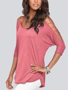 Shein Pink Cold Shoulder Loose Woman T-shirt