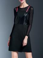 Shein Black Strap Sleeveless Contrast Pu A-line Dress