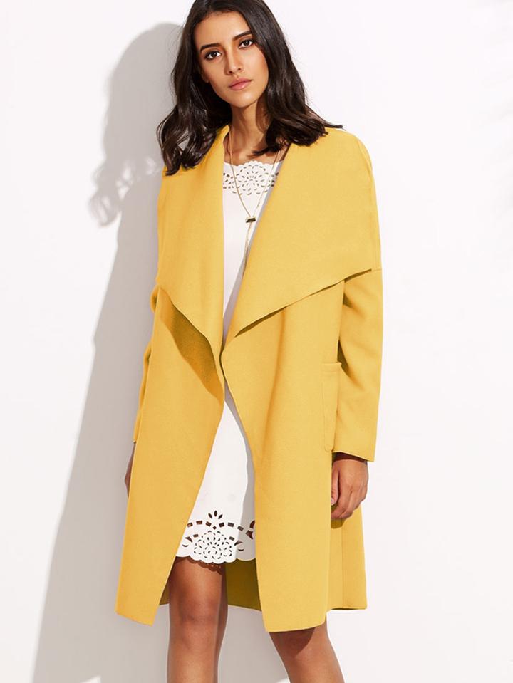 Shein Yellow Drop Shoulder Drape Collar Wrap Coat