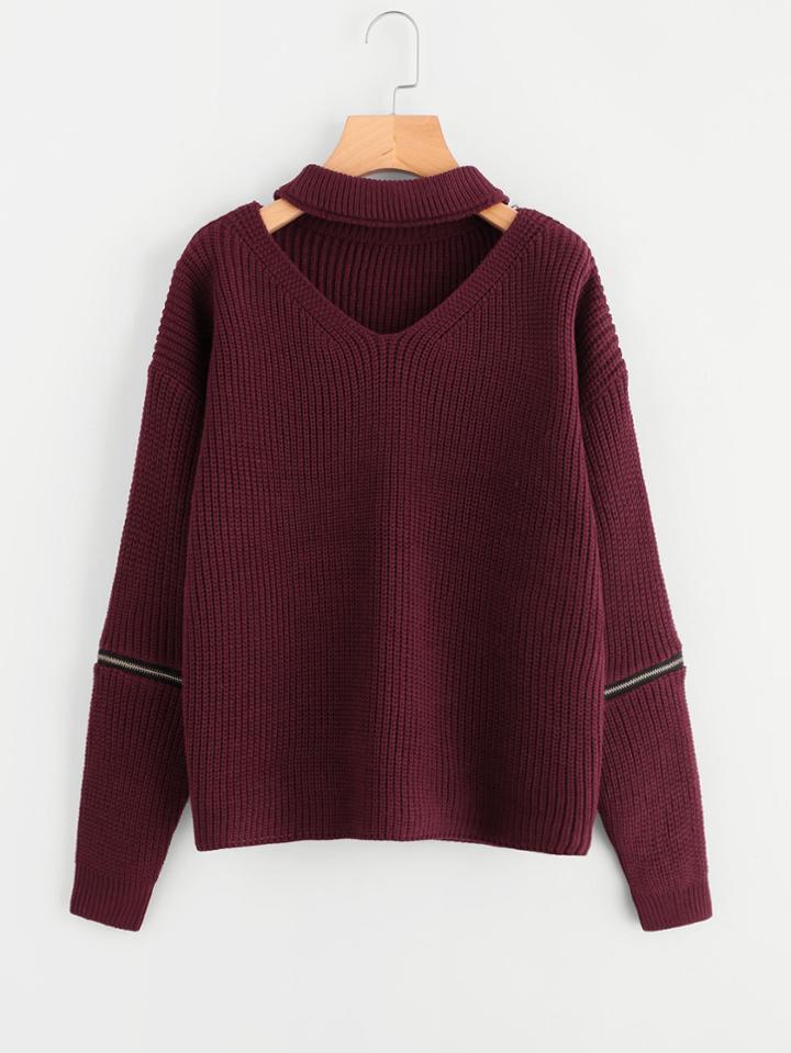 Shein Zipper Detail Sleeve V Cut Choker Neck Jumper