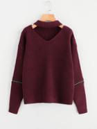 Shein Zipper Detail Sleeve V Cut Choker Neck Jumper